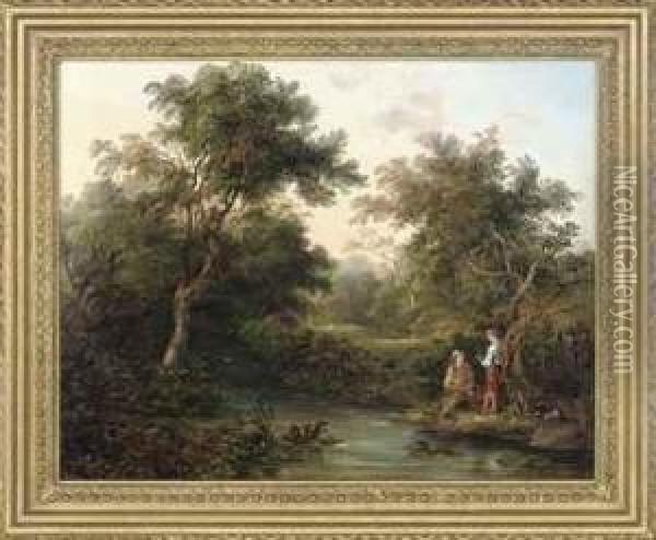 A Wooded River Landscape With Figures Fishing Oil Painting - Edward Charles Williams