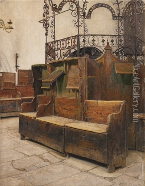 Interior Of The Holleschau Synagogue Oil Painting - Isidor Kaufmann