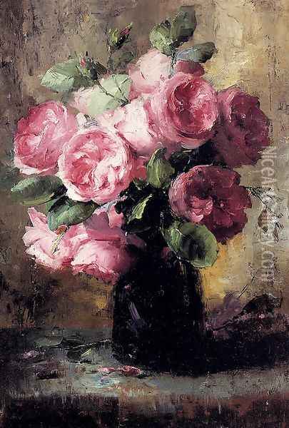 Pink Roses In A Vase Oil Painting - Frans Mortelmans
