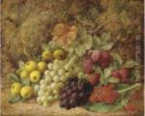 Apples, Grapes, Plums And Strawberries On A Mossy Bank Oil Painting - George Clare