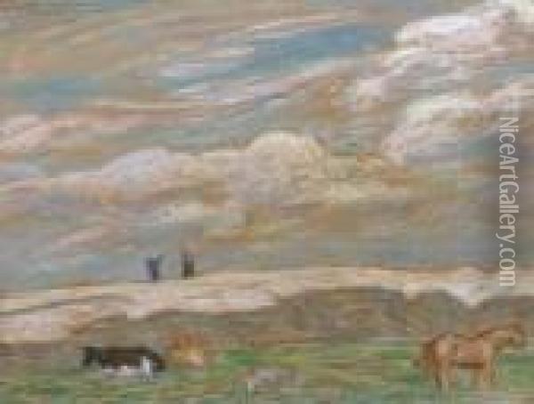 Landschap Figuren Koeien Paard Oil Painting - Leo Gestel
