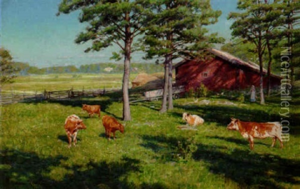 Sommarlandskap Med Kor Och Mjolkerska Oil Painting - Johan Fredrik Krouthen