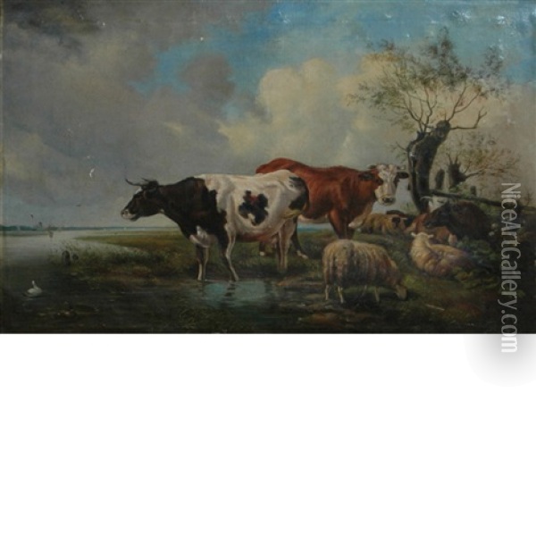 Cows In A Landscape Oil Painting - Hendrik van de Sande Bakhuyzen