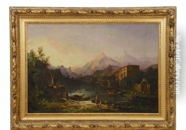 Italian Alpine Lake Villa With Boats And Figures Oil Painting - Edward Partridge