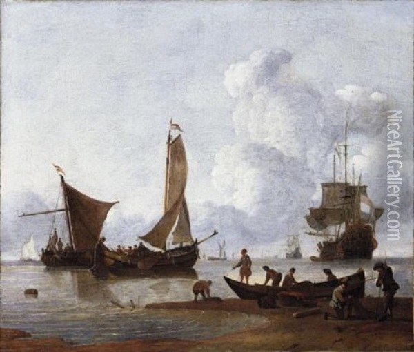 Fishermen Unloading Their Catch On The Shore, Moored Fishing Boats And Dutch Men-o-war At Anchor Beyond Oil Painting - Wigerus Vitringa