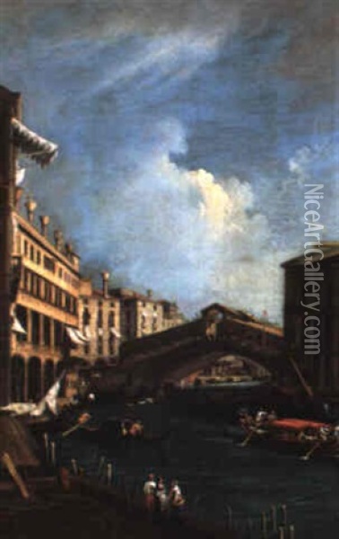 Vue Du Grand Canal Avec Le Pont Du Rialto Oil Painting - Giovanni Battista Cimaroli