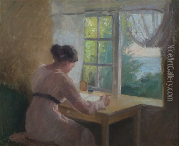 The Artists Home With A Girl Sitting At A Window, View To The Baltic Sea Oil Painting - Henrik Schouboe