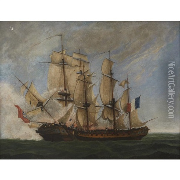 Action Between H.m Frigate 'ambuscade' And The French Frigate 'bayonnaise' Oil Painting - Antoine Roux