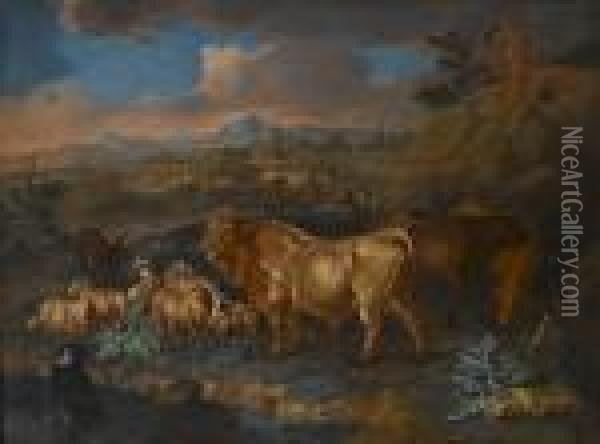 A Landscape With Bulls, Sheep 
And Goats Grazing, A Shepherd And His Flock In The Distance Oil Painting - Ferdinand Phillip de Hamilton
