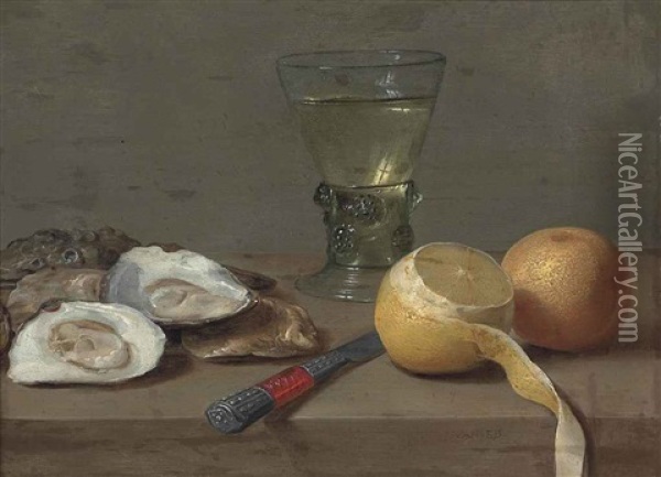 Oysters, A Roemer, A Partly Peeled Lemon, An Orange And A Knife On A Stone Ledge Oil Painting - Jacob Fopsen van Es