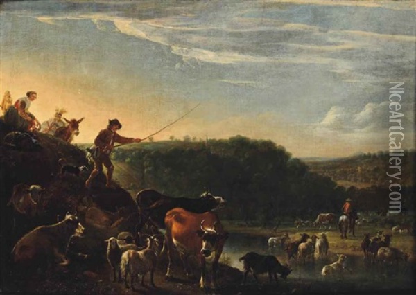 A Pastoral Landscape At Dusk With Herdsman And Cattle Oil Painting - Cornelis Saftleven