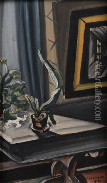 Cactus By The Window Oil Painting - Vilho Lampi