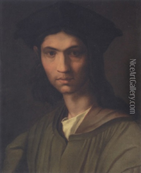 Portrait Of A Man Wearing A Green Jacket And A Black Hat (baccio Bandinelli?) Oil Painting - Andrea Del Sarto