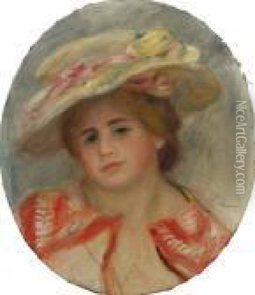Portrait De Jeune Femme Au Chapeau Fleuri Oil Painting - Pierre Auguste Renoir