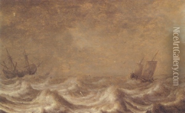 A Threemaster And A Wijdschip Offshore, As A Storm Approaches Oil Painting - Pieter Mulier the Elder