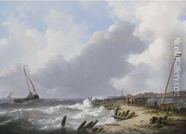 Shipping In Choppy Waters, Dordrecht In The Distance Oil Painting - Johannes Christian Schotel