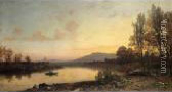 Fishing At Sunset, Rome In The Distance Oil Painting - Hermann David Salomon Corrodi