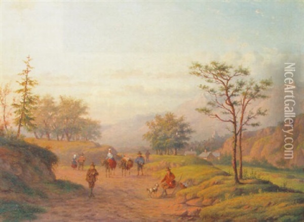 A Mountainous Landscape With Travellers And Sportsmen On A Sandy Track Oil Painting - Carl Eduard Ahrendts