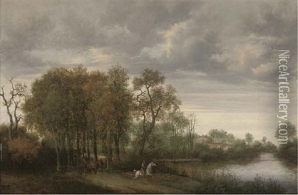 A Wooded River Landscape With A Horseman And A Horse And Cart On A Path Oil Painting - Joris van der Haagen