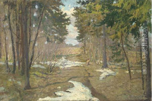 Spring Thaw In The Forest Oil Painting - Stanislav Iulianov. Joukovski
