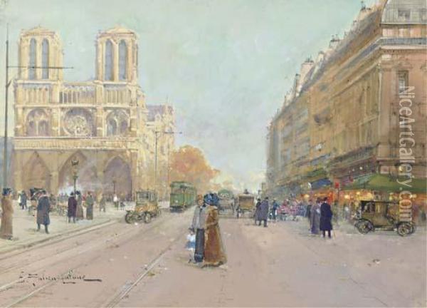 Walking By Notre Dame, Paris Oil Painting - Eugene Galien-Laloue