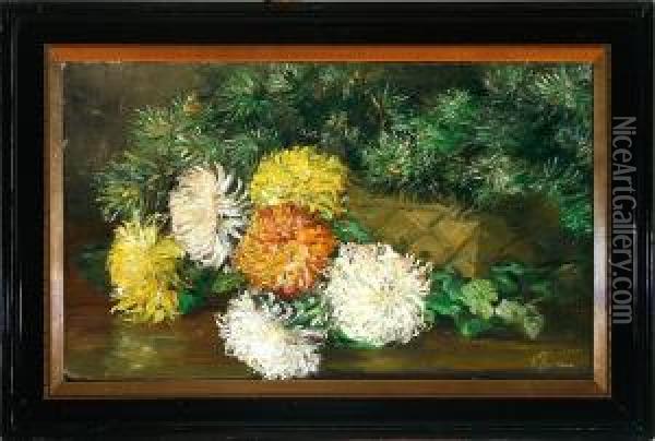 Emmy Thornam: A Still Life With Chrysanthemum In A Basket. Signed E. Thornam Oil Painting - Emmy Marie Caroline Thornam