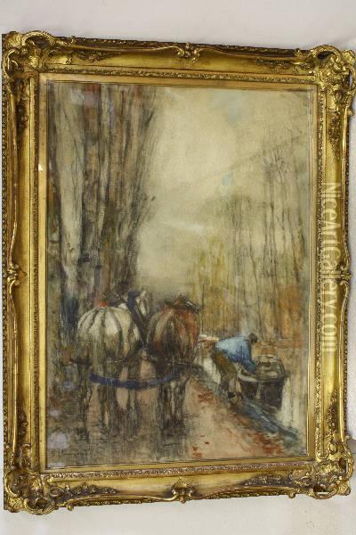 Boer Met Paarden Op Jaagpad Langs Een Vaart Oil Painting - Ferdinand Jean Luigini