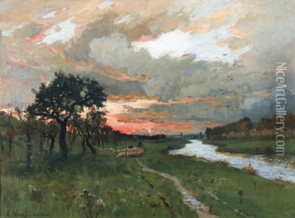 Flusslandschaft Mit Schafherde Im Abendrot Oil Painting - Alexandre Nozal