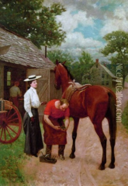 Young Woman Looks On As Her Horse Is Reshod Oil Painting - Max Francis Klepper