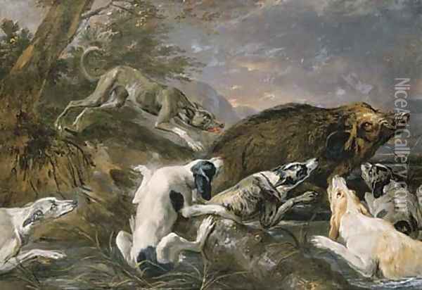 Hounds attacking a boar in a river landscape Oil Painting - Abraham Danielsz. Hondius