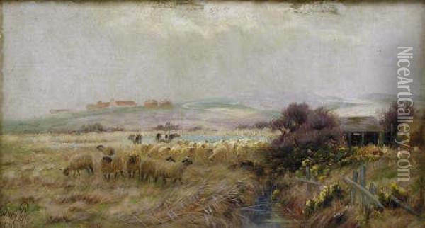 A Landscape With Chickens, Cattle And Sheep Oil Painting - Sidney Pike