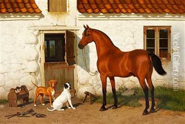 En Hest Og To Hunde Foran En Solbeskinnet Staldbygning Oil Painting - Carl Henrik Bogh