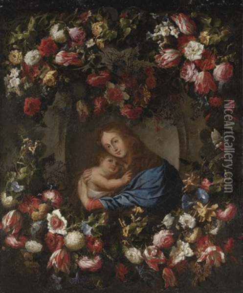 A Garland Of Roses, Tulips And Other Flowers Oil Painting - Juan De Arellano