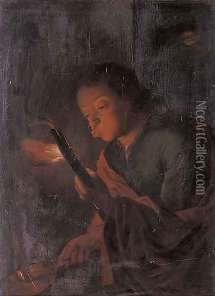 A boy holding a candle and blowing at an ember Oil Painting - Godfried Schalcken