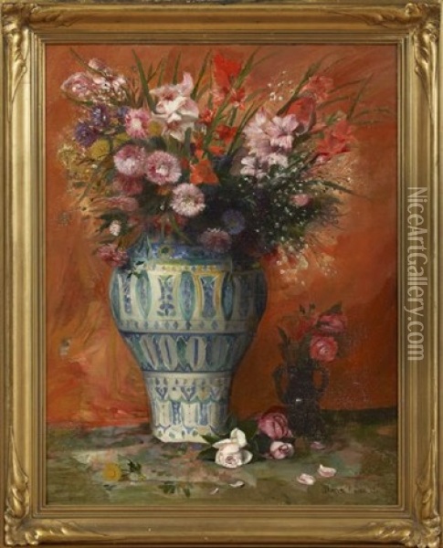 Still Life Of A Bouquet Of Flowers In A Blue And Whie Porcelain Vase Oil Painting - Paul-Charles Chocarne-Moreau