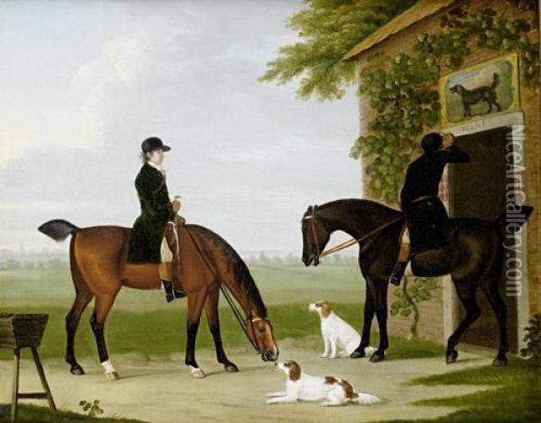 Two Huntsmen With Their Horses And Hounds Before A Tavern Oil Painting - John Nost Sartorius