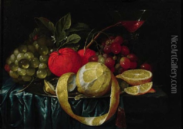 A Peeled Lemon, Oranges, Grapes On Pewter Plate, And A Facon-de-venice Wineglass On A Draped Table Oil Painting - Cornelis De Heem