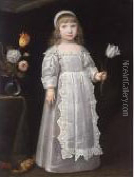 A Portrait Of A Young Girl, 
Standing Full-length, Wearing A White Dress With An Apron Set With Lace 
And A White Bonnet, Holding A Tulip In Her Left Hand, A Vase With 
Flowers Beside Her On A Table Oil Painting - Philippe de Champaigne