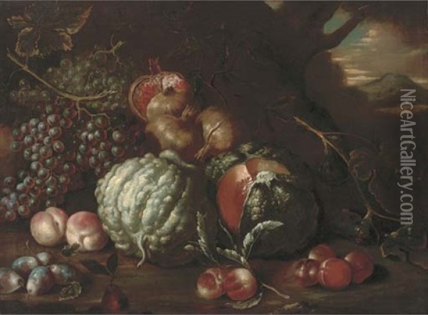 Pomegranates, Melons, Peaches, Grapes, Figs, Apples And Pears In A Landscape With Vesuvius Beyond Oil Painting - Tommaso Realfonso