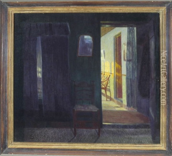 Blick In Einen Dunklen Innenraum Mit Stuhl Und Erleuchtetem Nebenraum Oil Painting - Johann-Georg Dreydorff