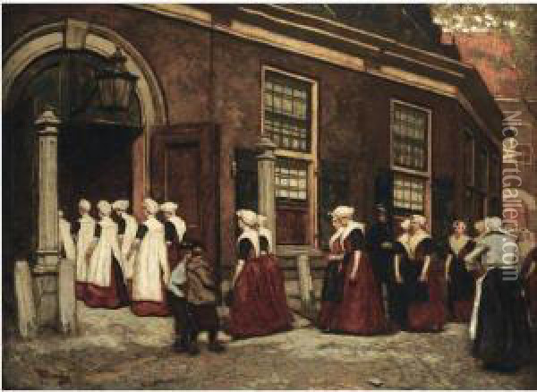 Amsterdam Orphan Girls Entering The Orphanage Hetburgerweeshuis Oil Painting - Martin Monnickendam