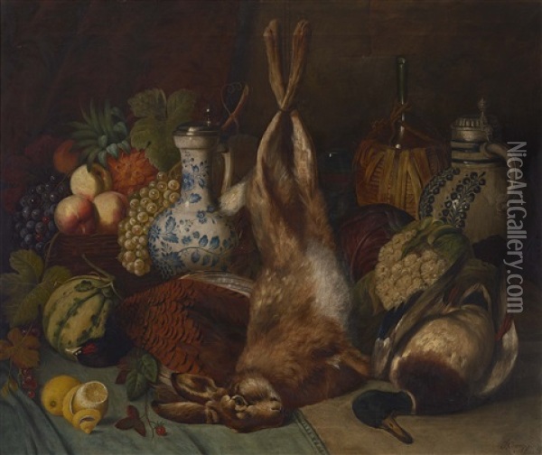 Stillleben Mit Erlegtem Hasen, Ente, Fruchten Und Krugen Oil Painting - Joseph Correggio
