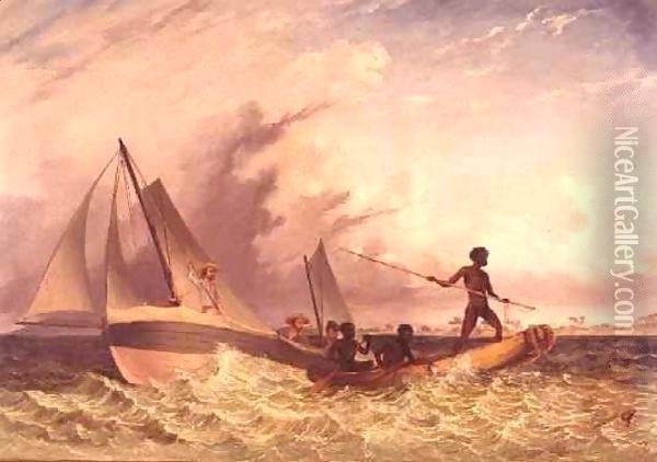 The Messenger's Long Boat and a native canoe, Goulburn Islands Oil Painting - Thomas Baines