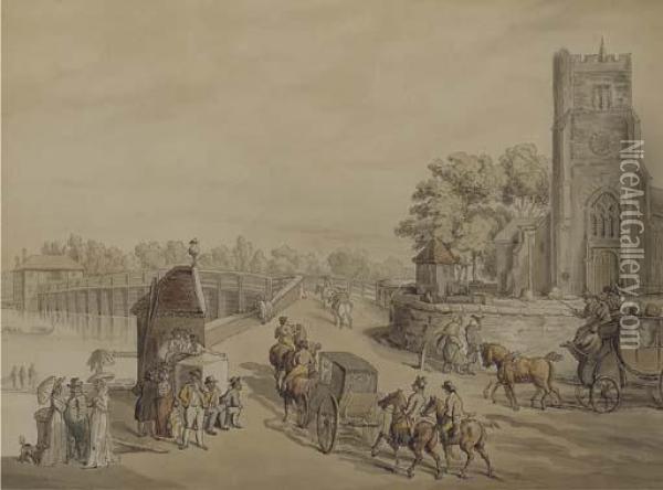 Bustling Activity Before St. Mary's Church With Putney Bridge Beyond Oil Painting - Thomas Rowlandson