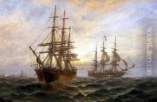 Two Ships Passing at Sunset Oil Painting - Claude T. Stanfield Moore