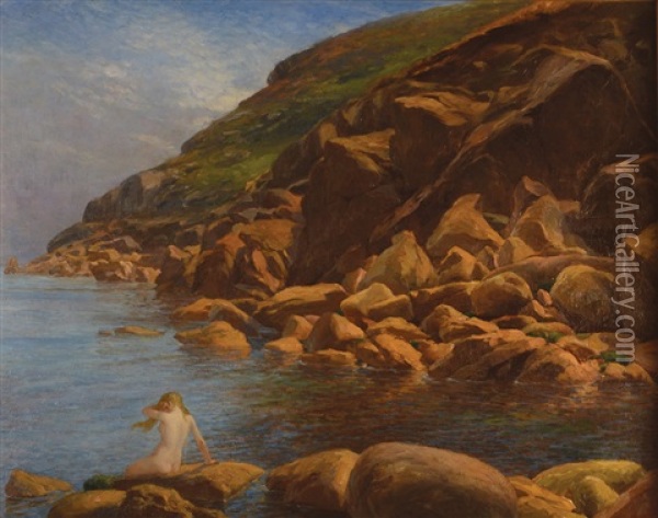 A Nude Bather On The Rocks At Penberth , Cornwall Oil Painting - Charles H. Thompson