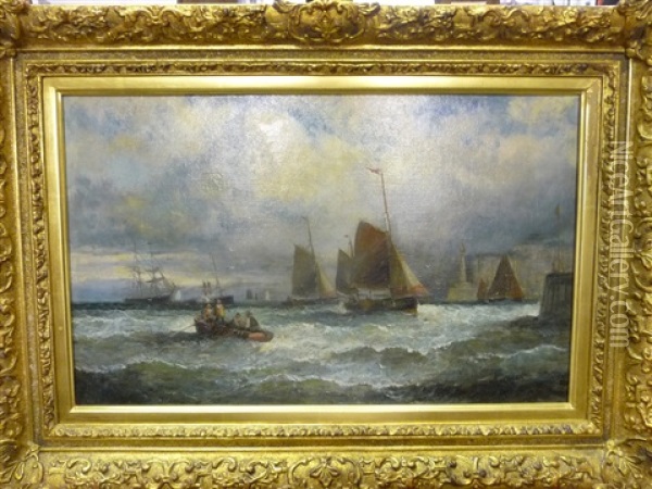 Fishing Boats Off A Coastline With Figures In A Small Boat Oil Painting - Charles Thornley