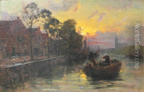 Canal En Hollande Oil Painting - Paul Kuhstoss