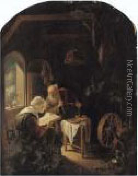 A Couple In A Kitchen Interior Oil Painting - Gerrit Dou