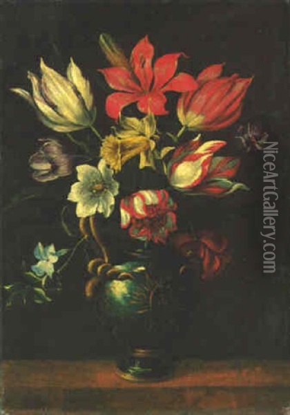 Tulips, A Daffodil And Other Flowers In An Urn Oil Painting - Giacomo Recco